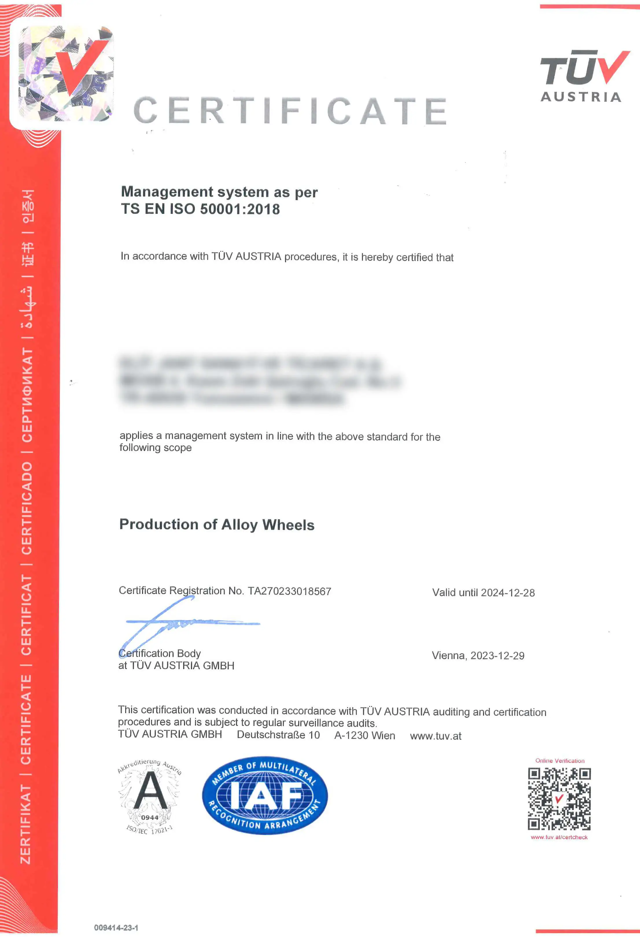 Πιστοποιητικό ISO 50001:2018 - LadneFelgi.pl