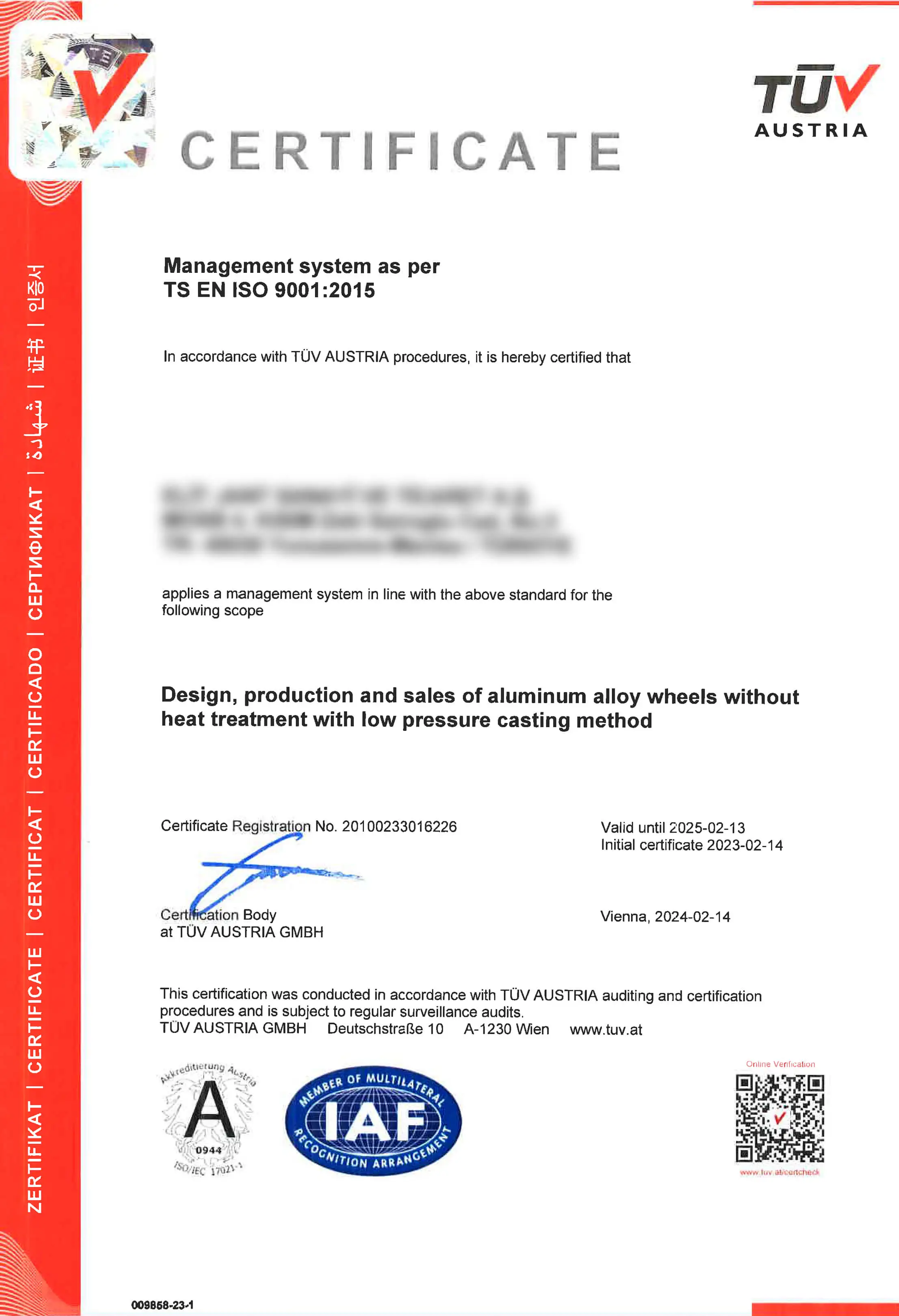 Πιστοποιητικό ISO 9001:2015 - LadneFelgi.pl