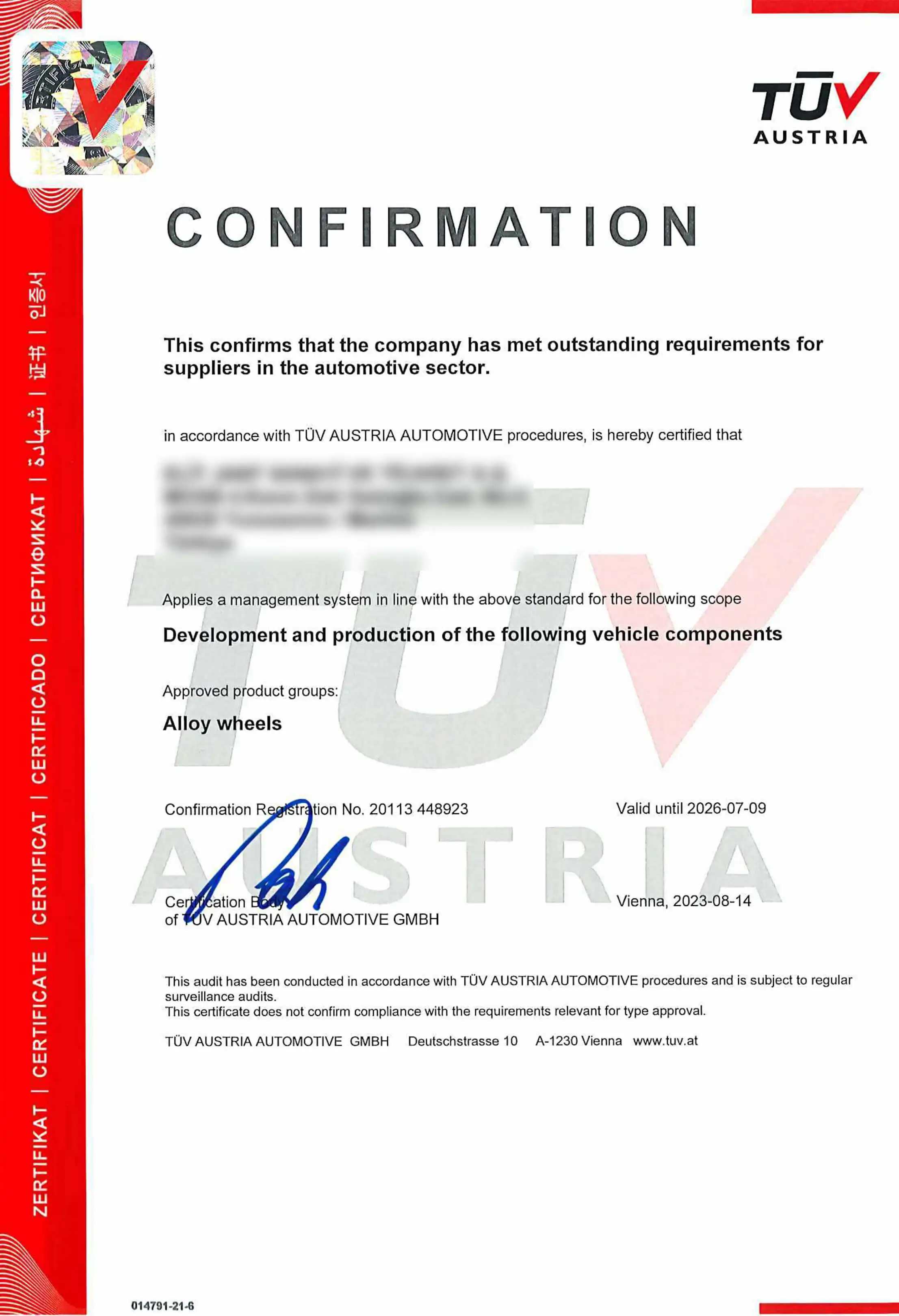 TÜV Certificate - LadneFelgi.pl